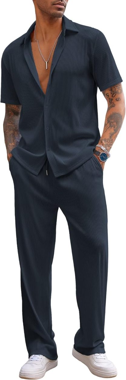 Men's 2 Piece Outfit Casual Short Sleeve Button Down Shirt Beach Summer Loose Pant Sets