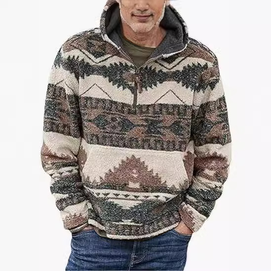 Men's Tribal Aztec Printed 1/4 Zip Fuzzy Sherpa Pullover Sweatshirt Ho