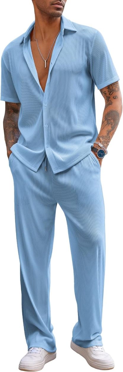 Men's 2 Piece Outfit Casual Short Sleeve Button Down Shirt Beach Summer Loose Pant Sets