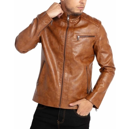 Men's Stand Collar Leather Jacket Motorcycle Lightweight Faux Leather Outwear