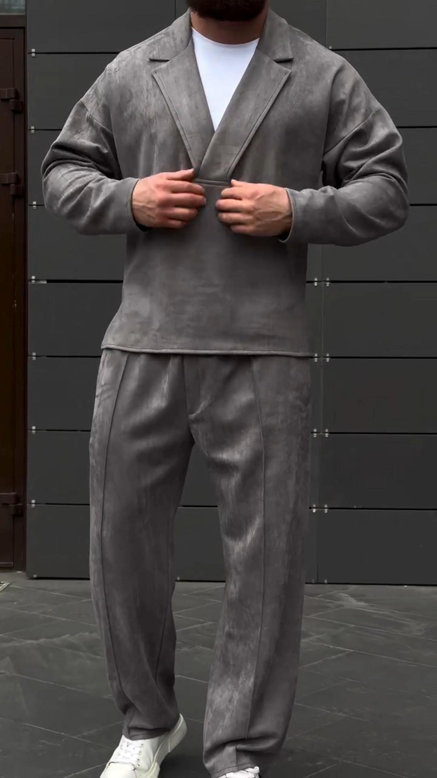 Men's Large Size Deep V Suit Neck Design Long Sleeve T-shirt