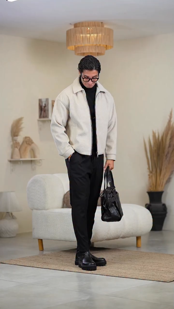 Men's Executive Wool Bomber, Zipper Front Notch Lapel Coat, Short Style Business Casual Winter Jacket