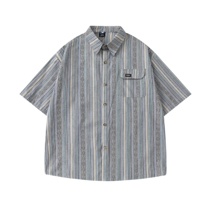 Retro Simple Pocket Decoration Striped Fashion Short-Sleeved Shirt