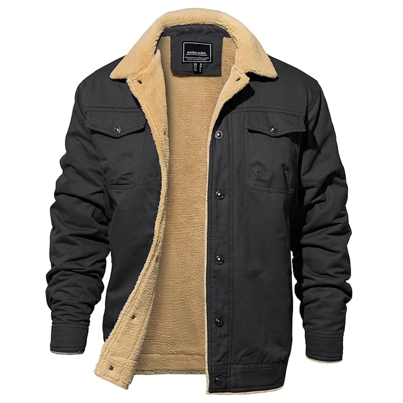 Men's Winter Jacket Thick Warm Cotton Thermal Fleece Lined Outerwear Trucker Lapel Work Jacket Men
