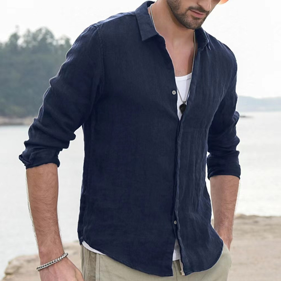 All-Match Pure Cotton Light Solid Color Long-Sleeved Shirt Men's Casual Cardigan