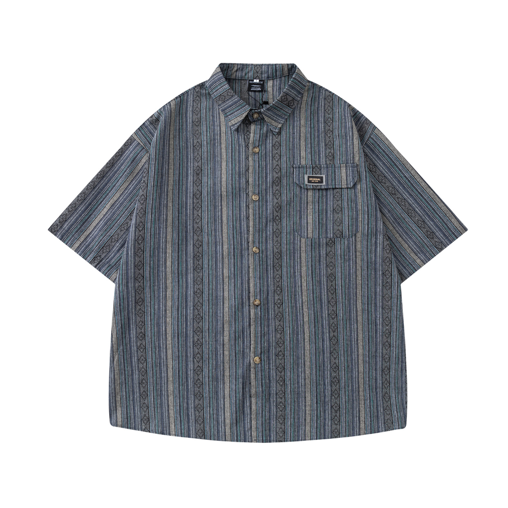 Retro Simple Pocket Decoration Striped Fashion Short-Sleeved Shirt