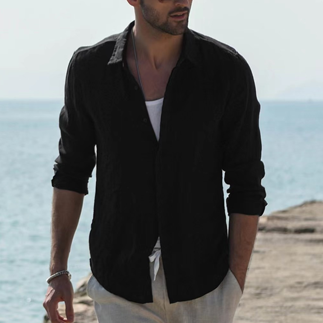 All-Match Pure Cotton Light Solid Color Long-Sleeved Shirt Men's Casual Cardigan