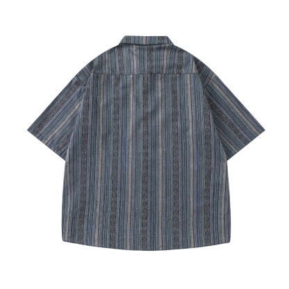 Retro Simple Pocket Decoration Striped Fashion Short-Sleeved Shirt