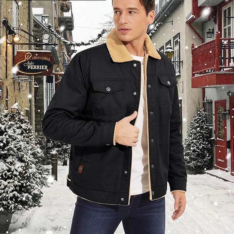 Men's Winter Jacket Thick Warm Cotton Thermal Fleece Lined Outerwear Trucker Lapel Work Jacket Men