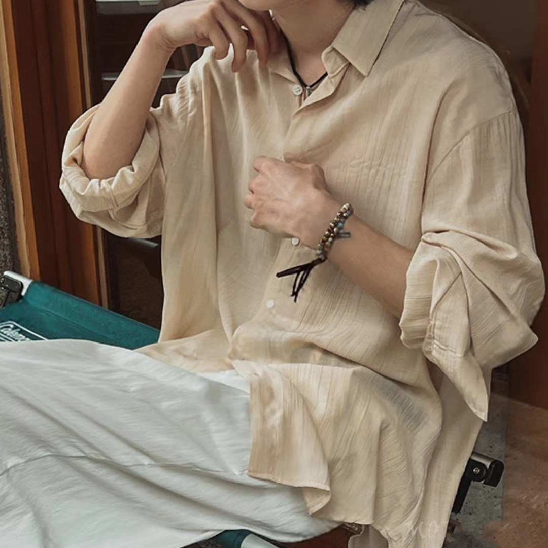 Men's Breathable Slim-Fit Wrinkle Shirt – Cotton-Linen Sun Protection 