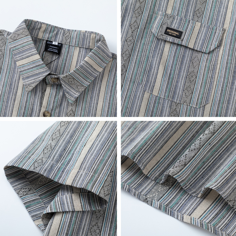 Retro Simple Pocket Decoration Striped Fashion Short-Sleeved Shirt