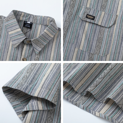 Retro Simple Pocket Decoration Striped Fashion Short-Sleeved Shirt