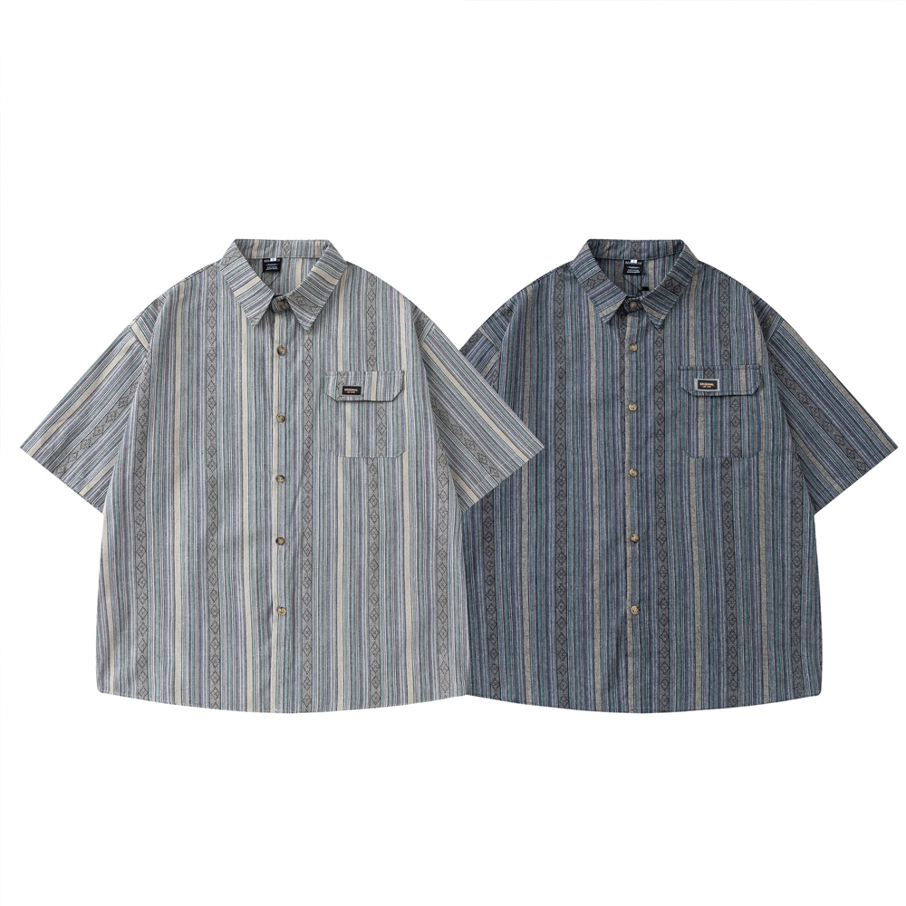 Retro Simple Pocket Decoration Striped Fashion Short-Sleeved Shirt