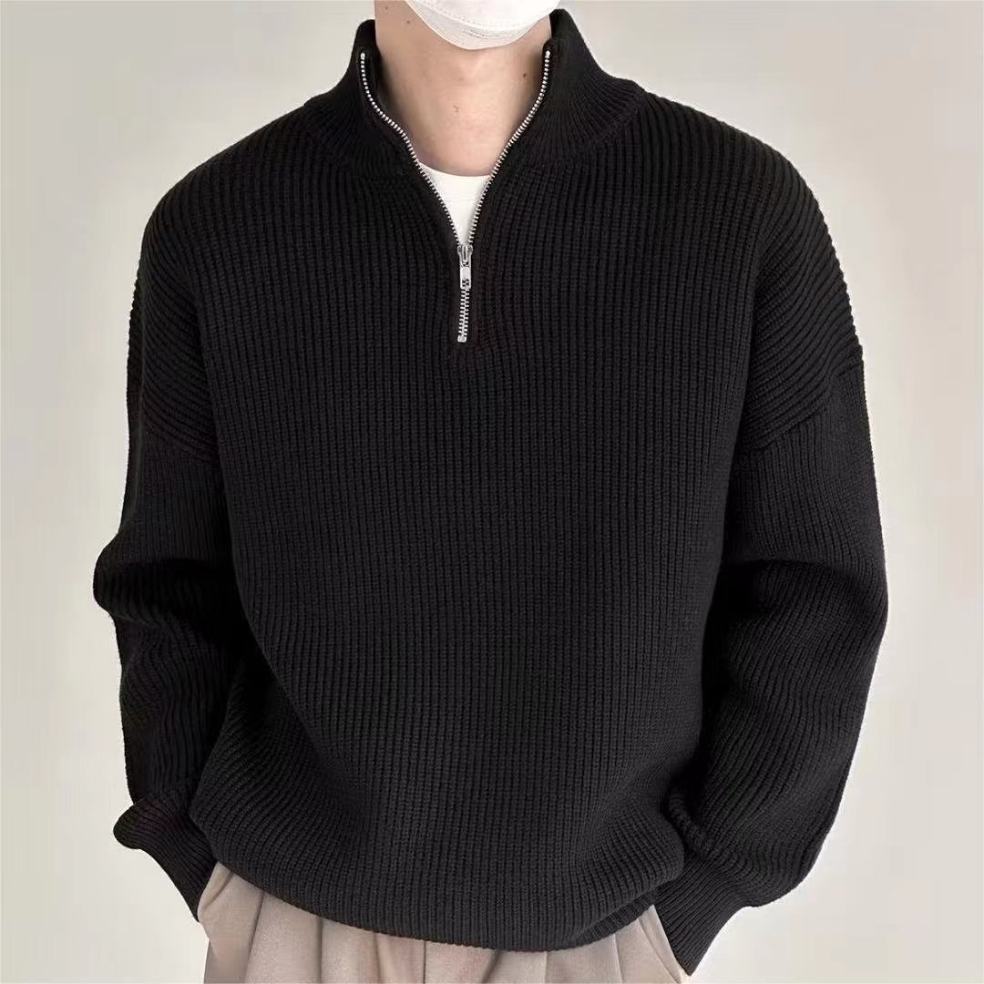 Men's Loose Stand Collar Half Zip Sweater – Spring and Autumn Fashion Knitted Pullover, Casual and Versatile Design
