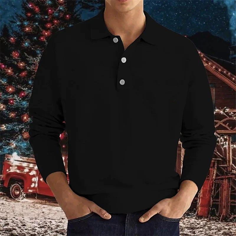 Men's V-Neck Button Down Shirt, Long Sleeve Ribbed Knit Polo Shirt, Fall Essential Top