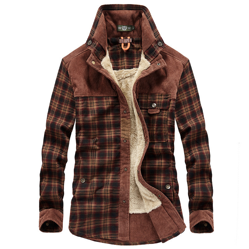 Autumn And Winter Warm Casual Brushed Men's Fleece Thick Long-Sleeved Plaid Shirt Coat