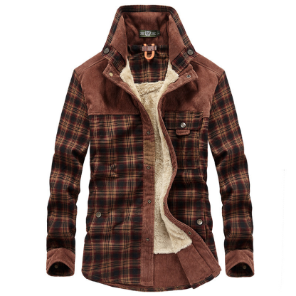 Autumn And Winter Warm Casual Brushed Men's Fleece Thick Long-Sleeved Plaid Shirt Coat