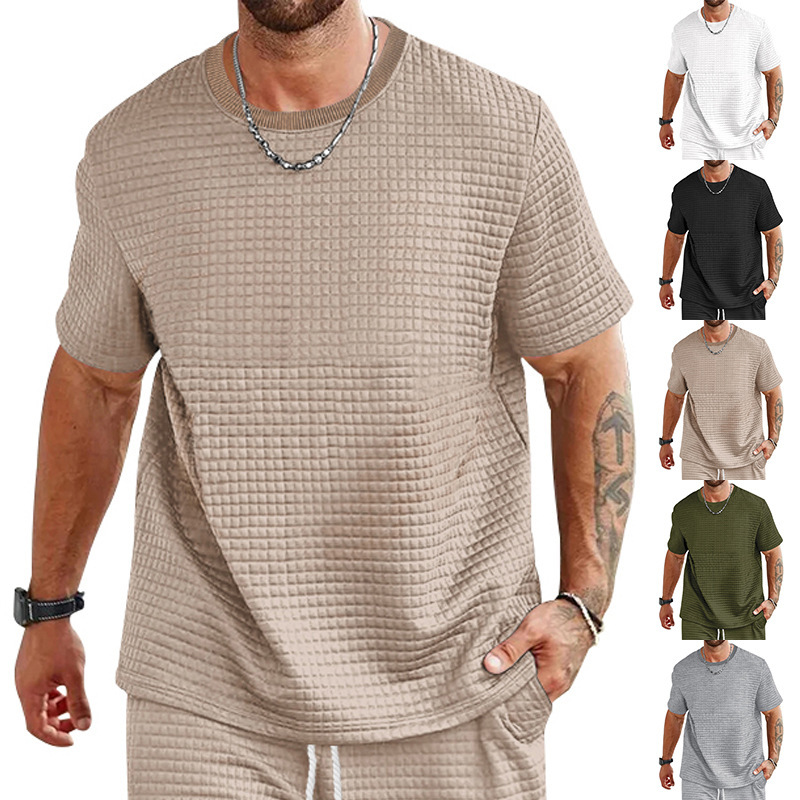 Short-Sleeved Men's T-Shirt Trendy Men's Solid Color Round Neck Small Square T-Shirt Top