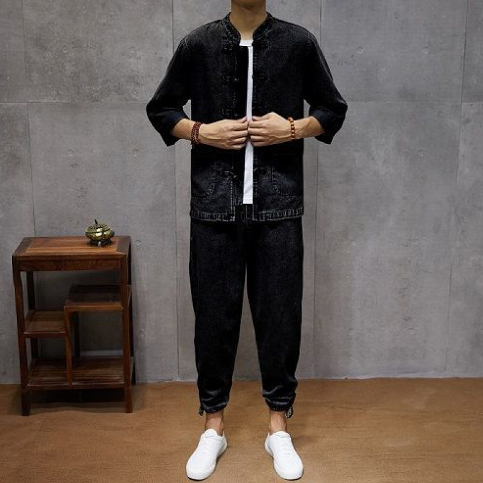 Retro Button Knot Button-Down Stand Collar Loose Casual Shirt And Pants Suit