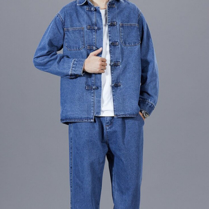 Retro Button Knot Button-Down Stand Collar Loose Casual Shirt And Pants Suit