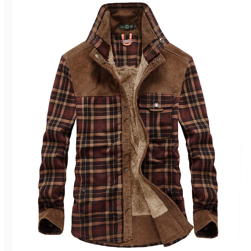 Autumn And Winter Warm Casual Brushed Men's Fleece Thick Long-Sleeved Plaid Shirt Coat