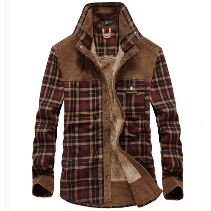 Autumn And Winter Warm Casual Brushed Men's Fleece Thick Long-Sleeved Plaid Shirt Coat