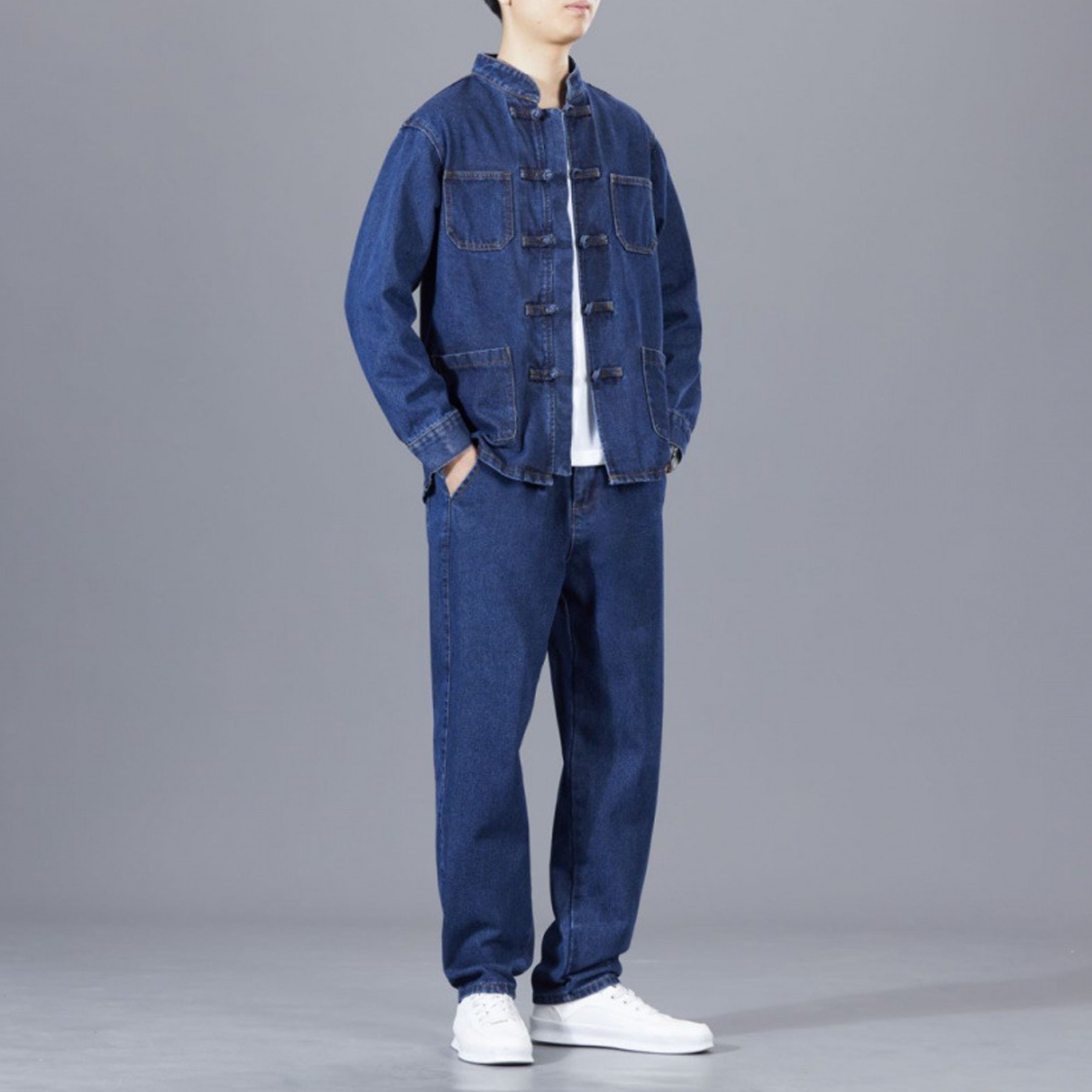 Retro Button Knot Button-Down Stand Collar Loose Casual Shirt And Pants Suit