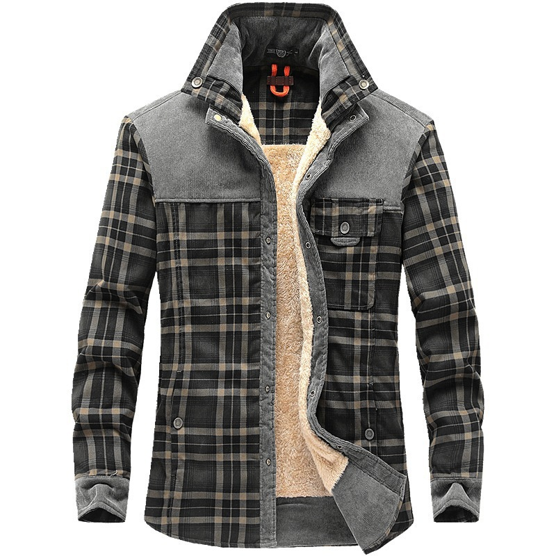 Autumn And Winter Warm Casual Brushed Men's Fleece Thick Long-Sleeved Plaid Shirt Coat