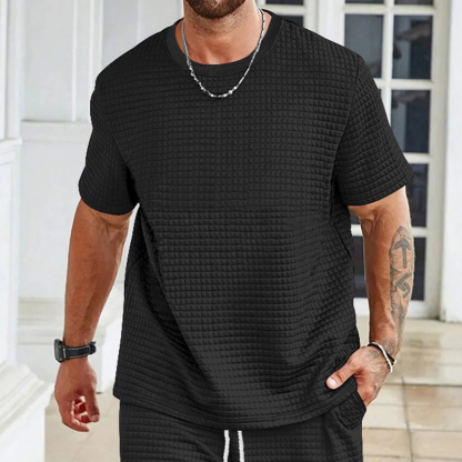 Short-Sleeved Men's T-Shirt Trendy Men's Solid Color Round Neck Small Square T-Shirt Top