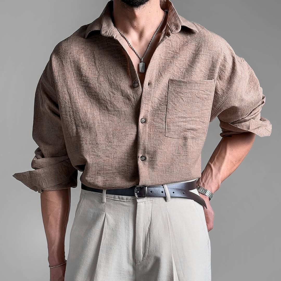 Men's Loose Fit Long-Sleeved Shirt, Versatile Design, Highlighting Mas