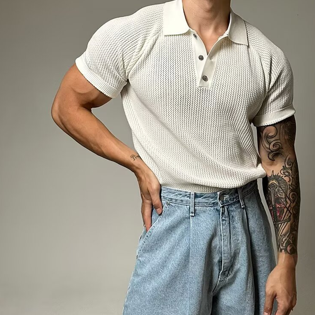 Large Size Knitted Short Sleeve Men's Honeycomb Hollow POLO Shirt Lapel Business T-shirt