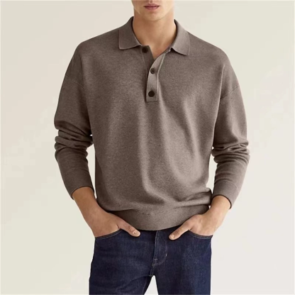 Men's V-Neck Button Down Shirt, Long Sleeve Ribbed Knit Polo Shirt, Fall Essential Top