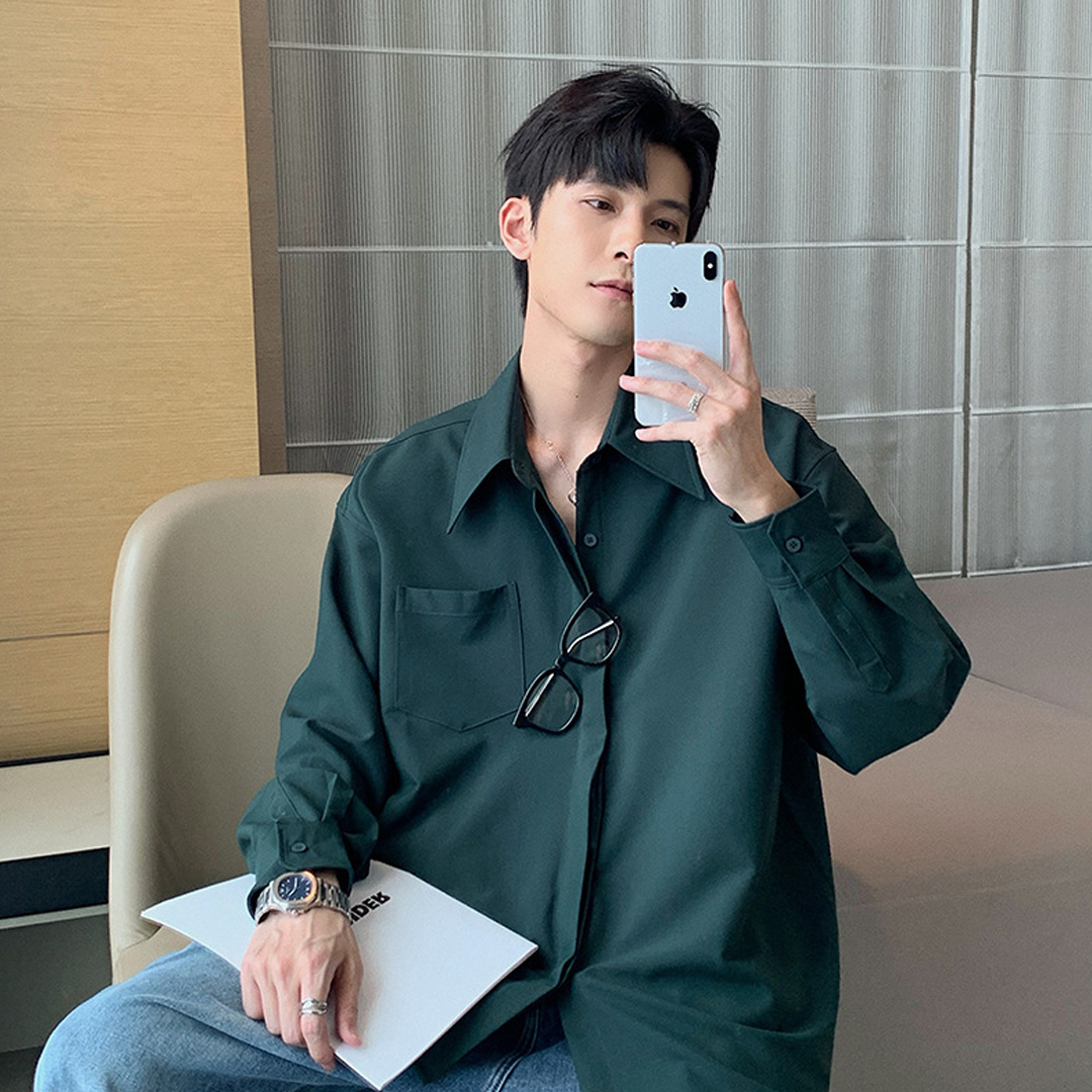 Spring And Autumn Solid Color Silhouette Men's Long Sleeve Shirt