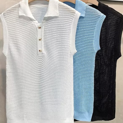 Summer Sleeveless Solid Color Hollow Loose Polo Collar Vest Sweater For Men