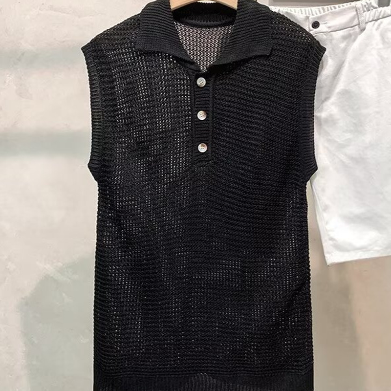 Summer Sleeveless Solid Color Hollow Loose Polo Collar Vest Sweater For Men
