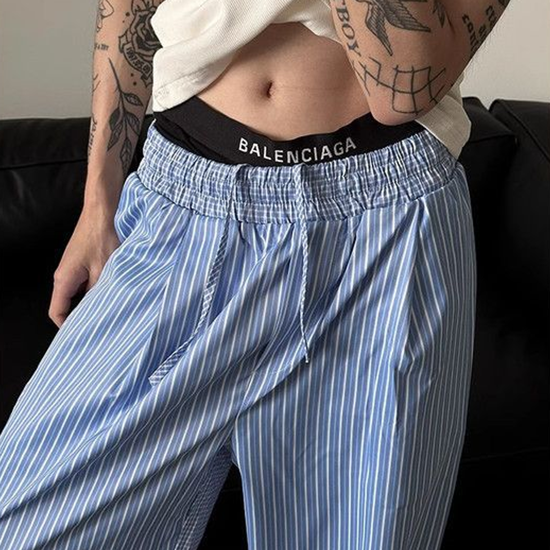 Lazy Style Niche Striped Design Loose Slim Wide-Leg Trousers