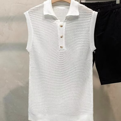 Summer Sleeveless Solid Color Hollow Loose Polo Collar Vest Sweater For Men