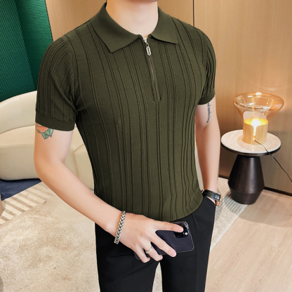 Men's British Retro Jacquard Polo – Casual Short-Sleeve Lapel Knit Tee