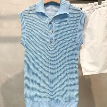 Summer Sleeveless Solid Color Hollow Loose Polo Collar Vest Sweater For Men