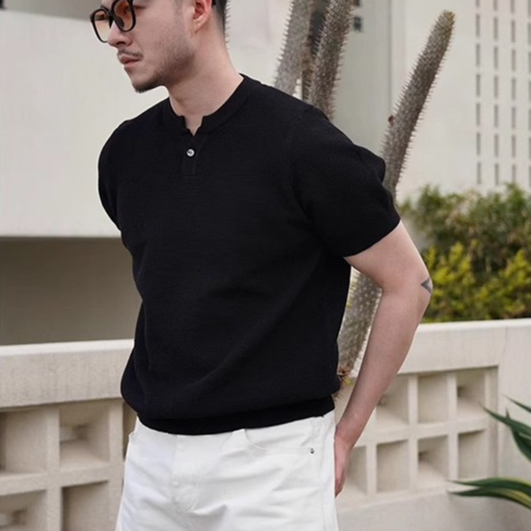 Knitted Short-Sleeved Henley Collar Polo Shirt Mature And Steady Men's T-Shirt