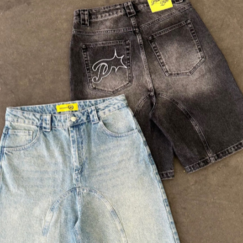 Retro Casual American Street Embroidery Loose Washed Denim Shorts