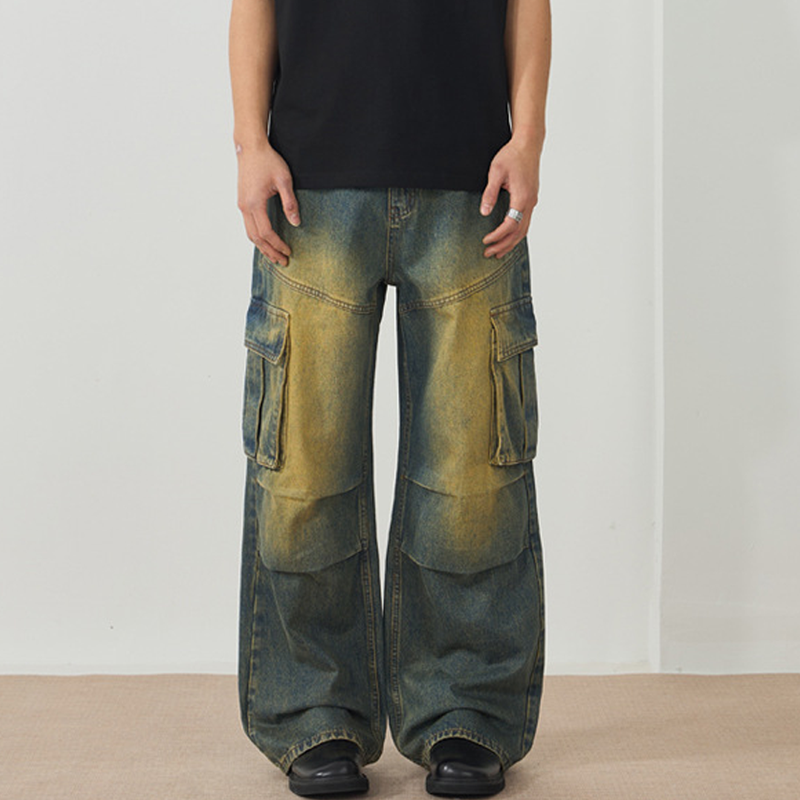 American High Street Pleated Multi-Pocket Loose Wide-Leg Workwear Jeans For Men