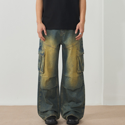 American High Street Pleated Multi-Pocket Loose Wide-Leg Workwear Jeans For Men