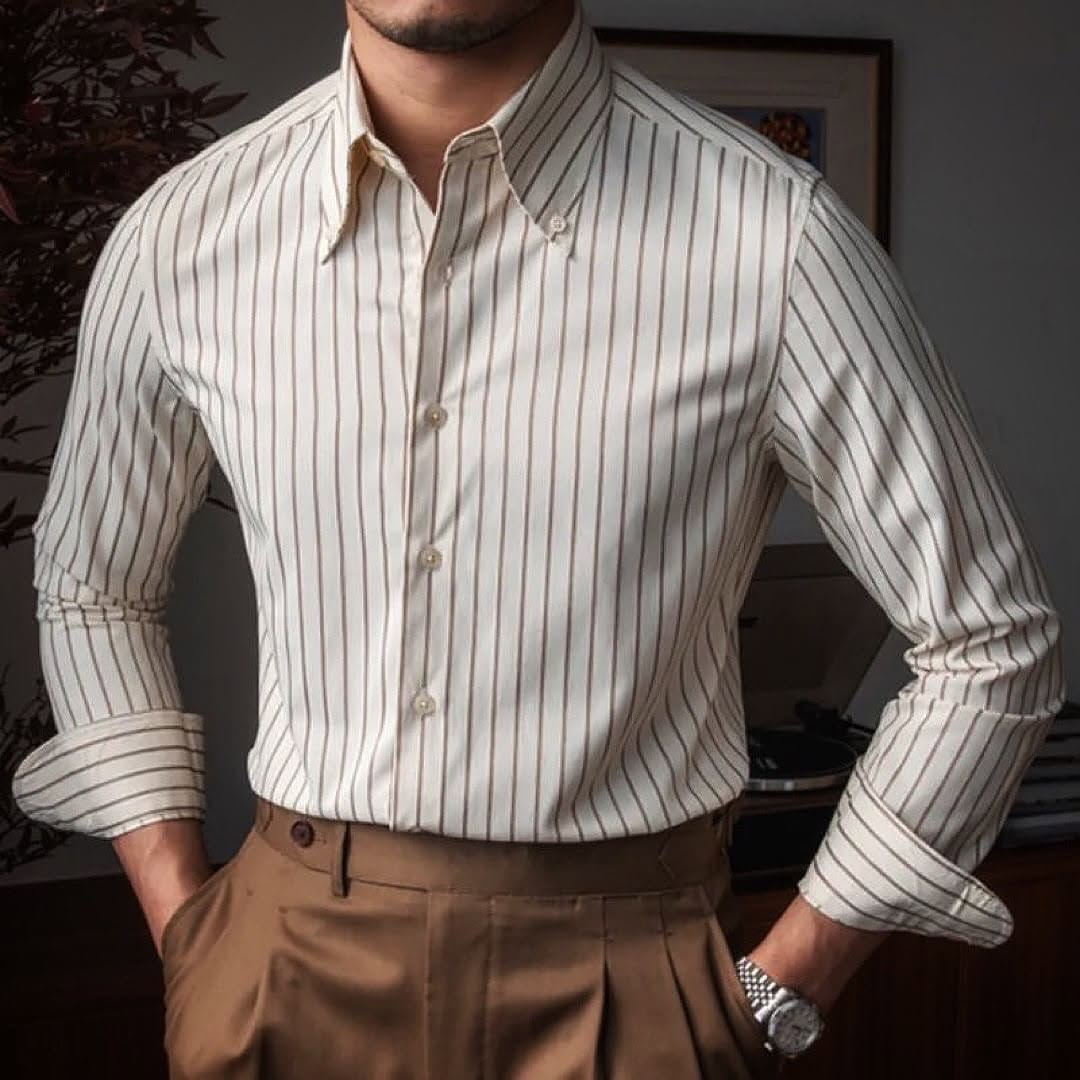 Men's Vertical Striped Long-Sleeved Shirt, Slim Fit, Versatile Style, Suitable For Office Scenes