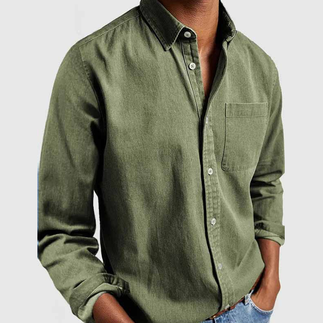 Men's Pocket Casual Tops Washed Cotton Button Men's Long Sleeve Shirt
