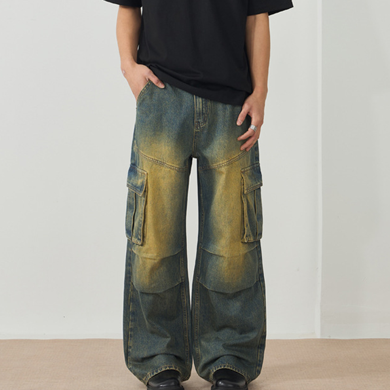 American High Street Pleated Multi-Pocket Loose Wide-Leg Workwear Jeans For Men