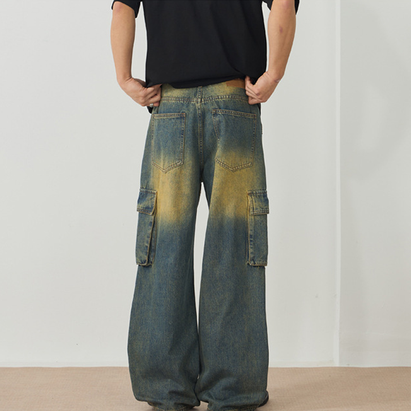 American High Street Pleated Multi-Pocket Loose Wide-Leg Workwear Jeans For Men