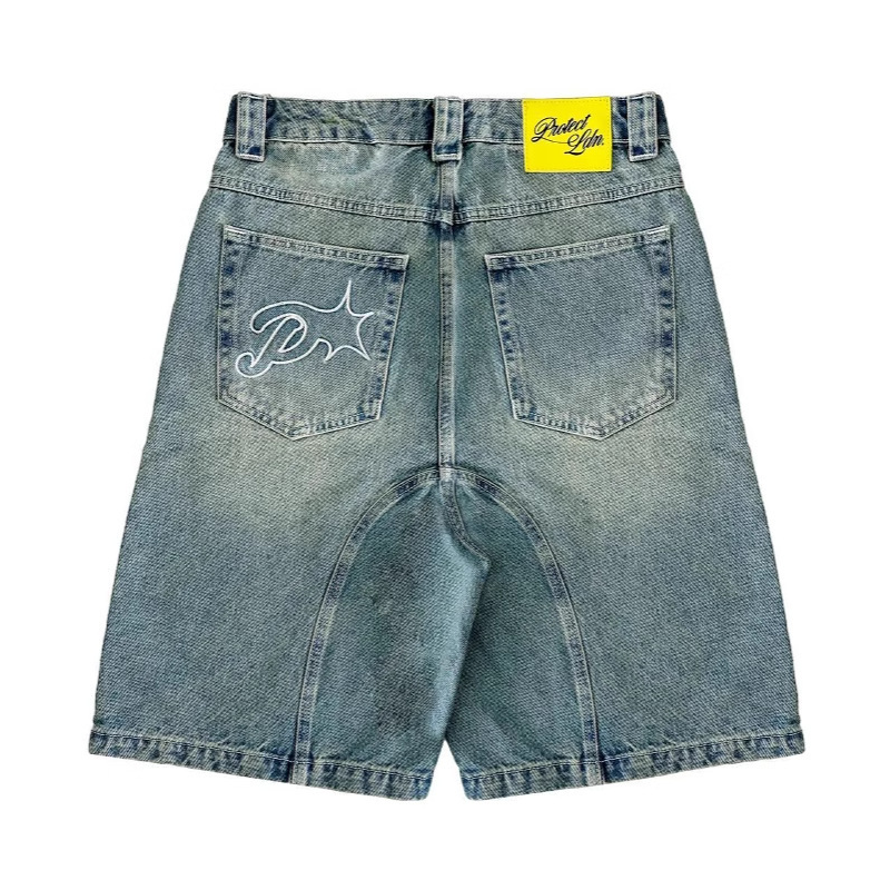 Retro Casual American Street Embroidery Loose Washed Denim Shorts
