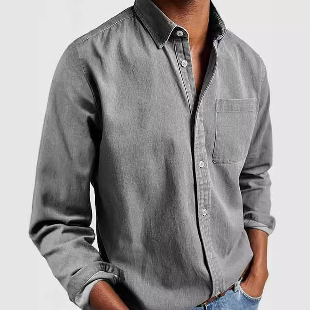 Men's Pocket Casual Tops Washed Cotton Button Men's Long Sleeve Shirt
