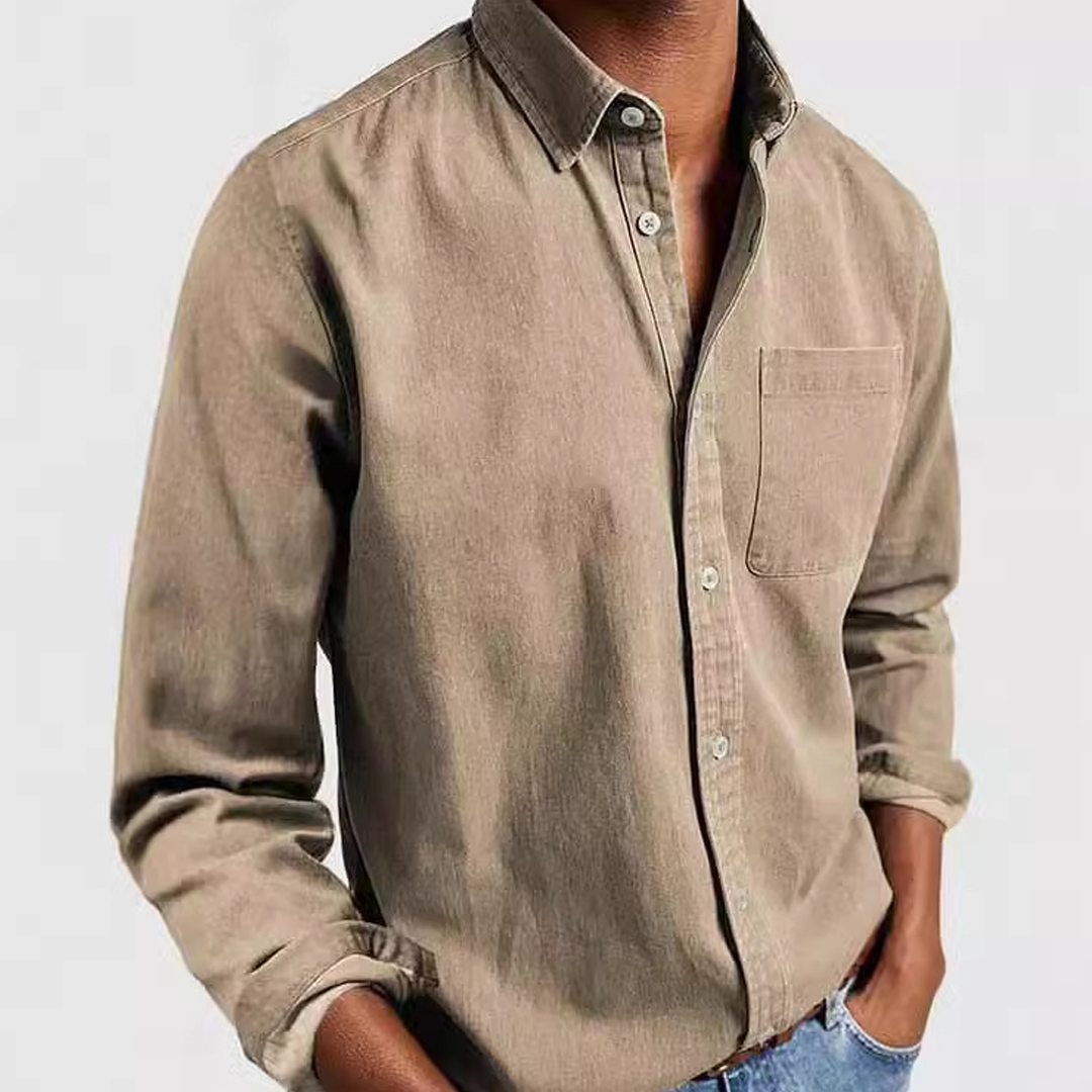 Men's Pocket Casual Tops Washed Cotton Button Men's Long Sleeve Shirt